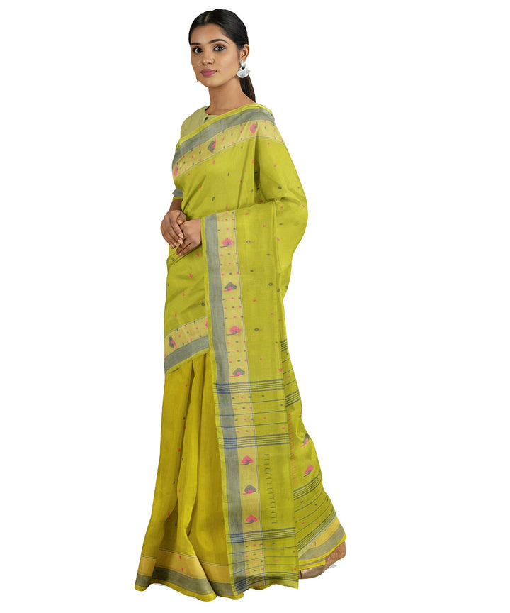 Tantuja olive green handwoven shantipuri cotton sari