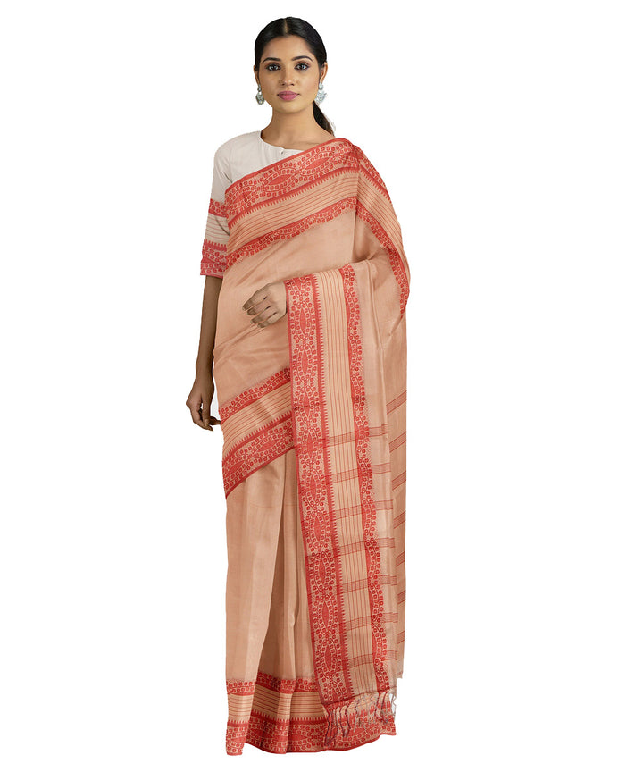 Tantuja light brown red handwoven shantipuri cotton sari