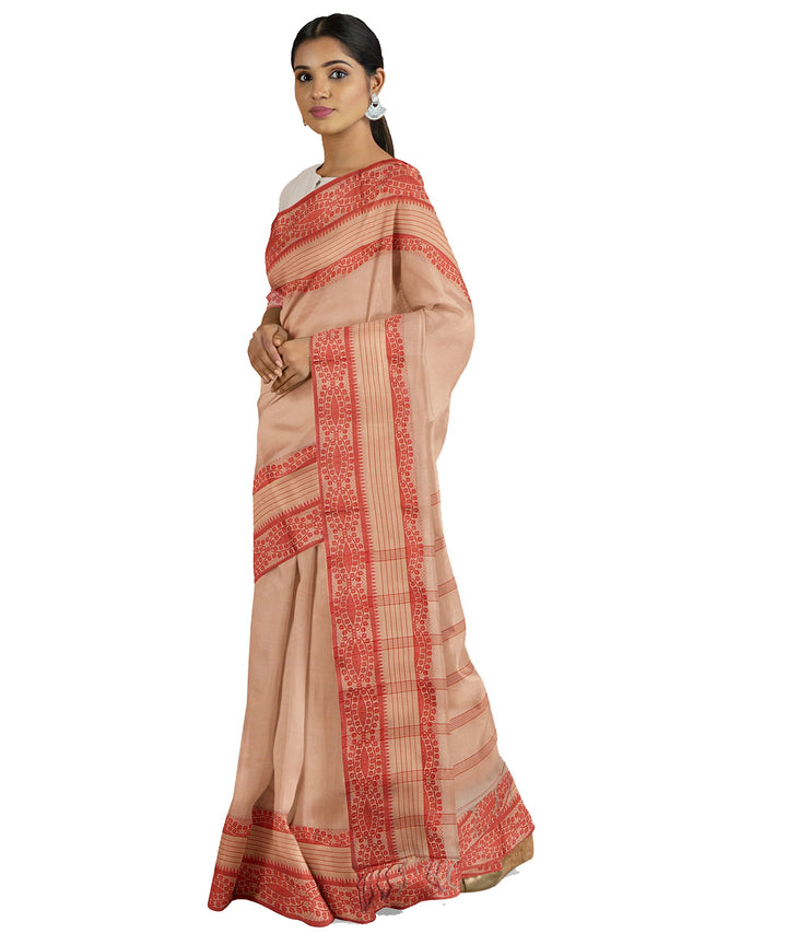 Tantuja light brown red handwoven shantipuri cotton sari