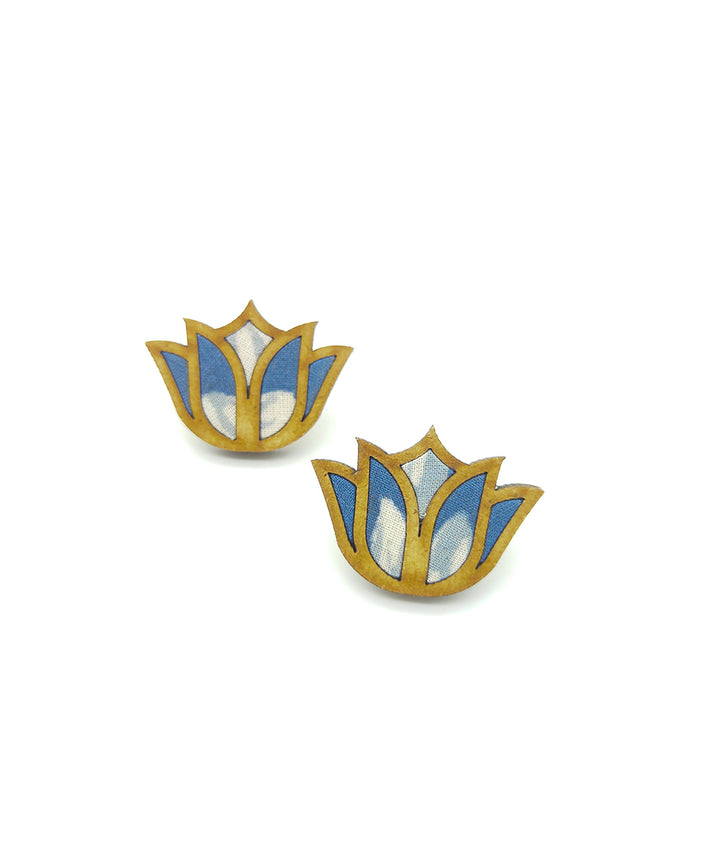 Handcrafted indigo lotus fabric and wood stud earring