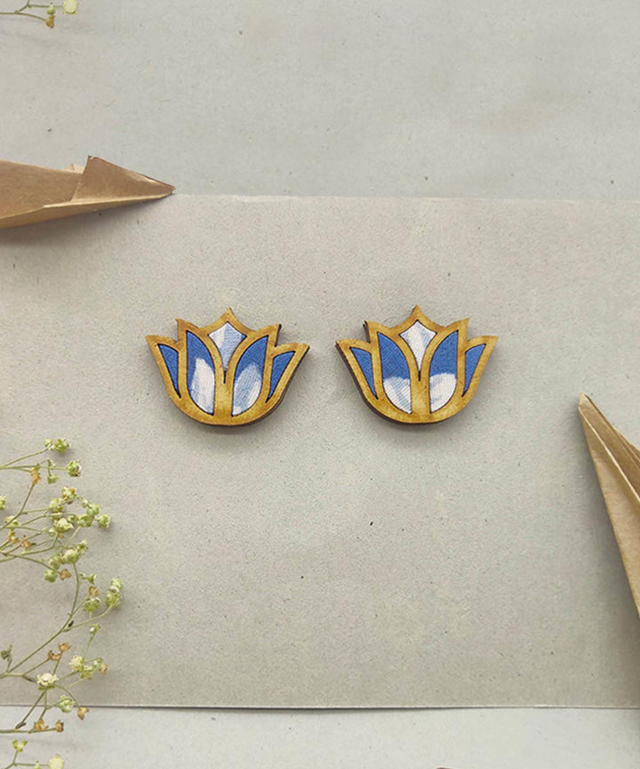 Handcrafted indigo lotus fabric and wood stud earring