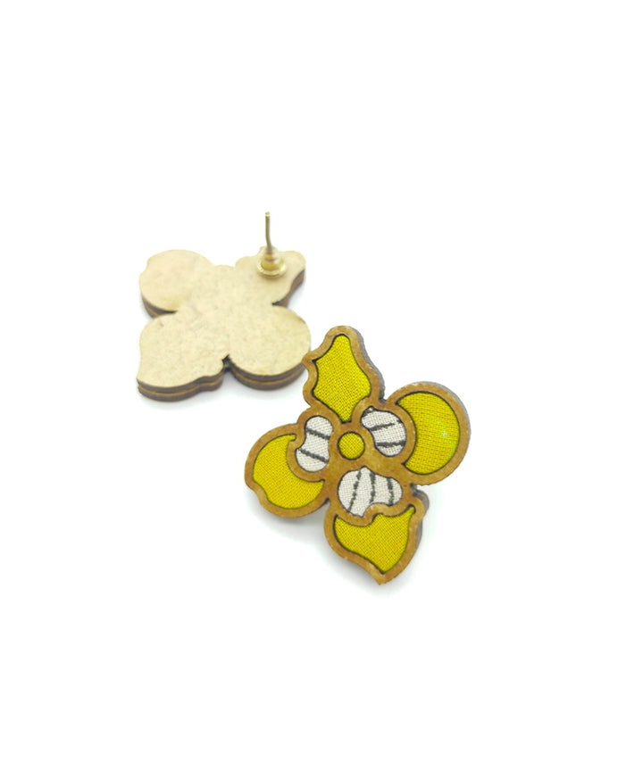 Handcrafted yellow leaf motif fabric and wood stud earring