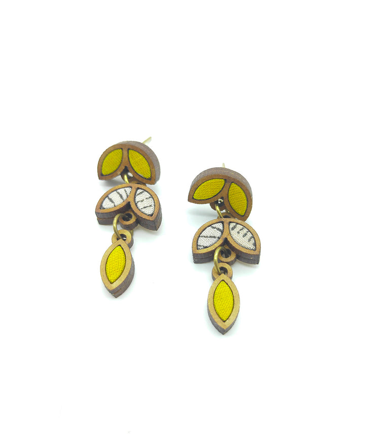 Handcrafted yellow white leaf motif fabric wood dangler earring