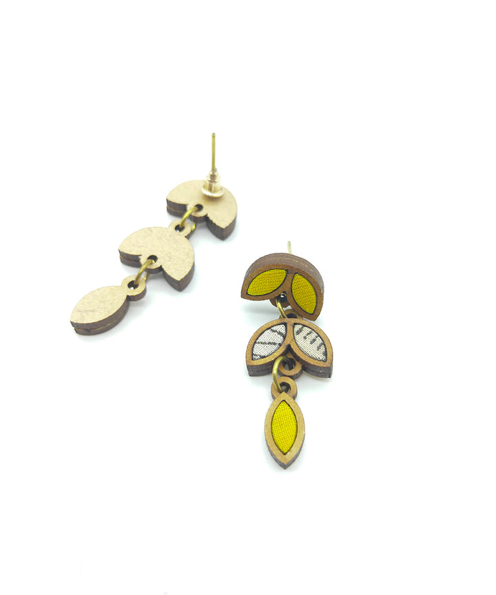 Handcrafted yellow white leaf motif fabric wood dangler earring