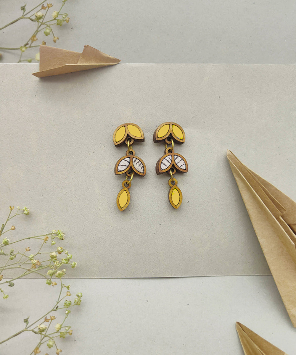 Handcrafted yellow white leaf motif fabric wood dangler earring