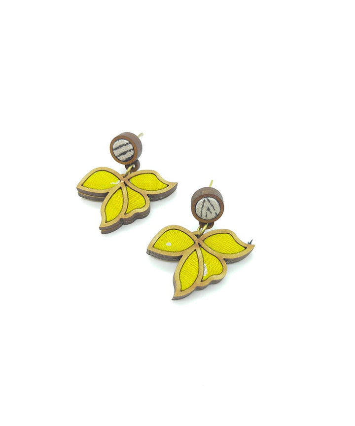 Handcrafted yellow leaf motif fabric and wood earring