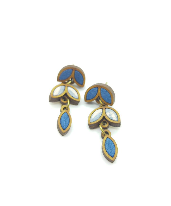 Handcrafted blue white leaf motif fabric wood dangler earring