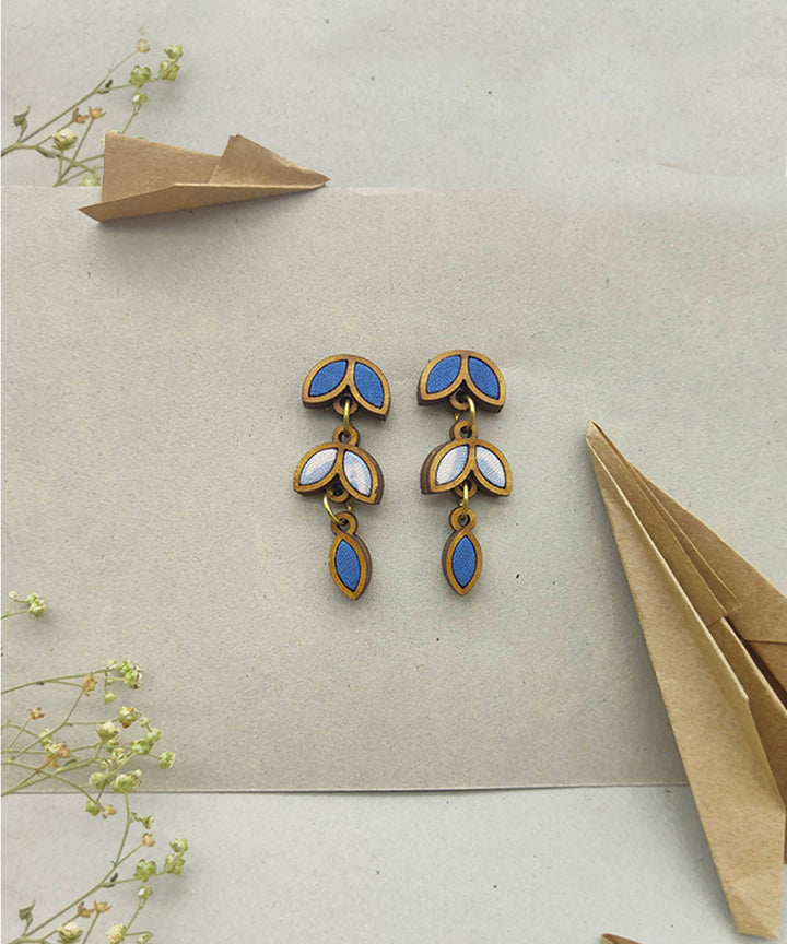 Handcrafted blue white leaf motif fabric wood dangler earring