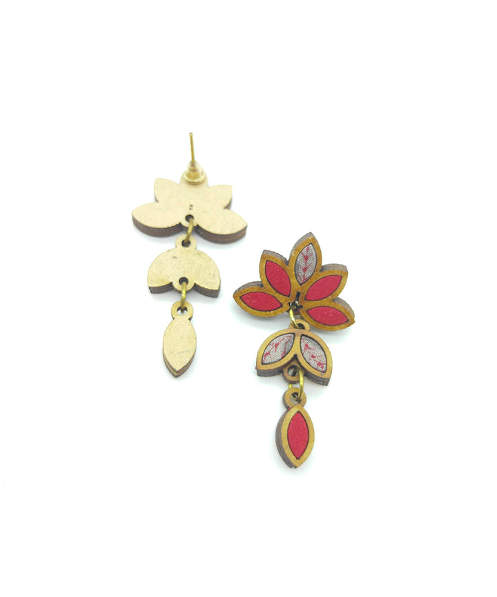 Handcrafted red grey leaf motif fabric and wood earring