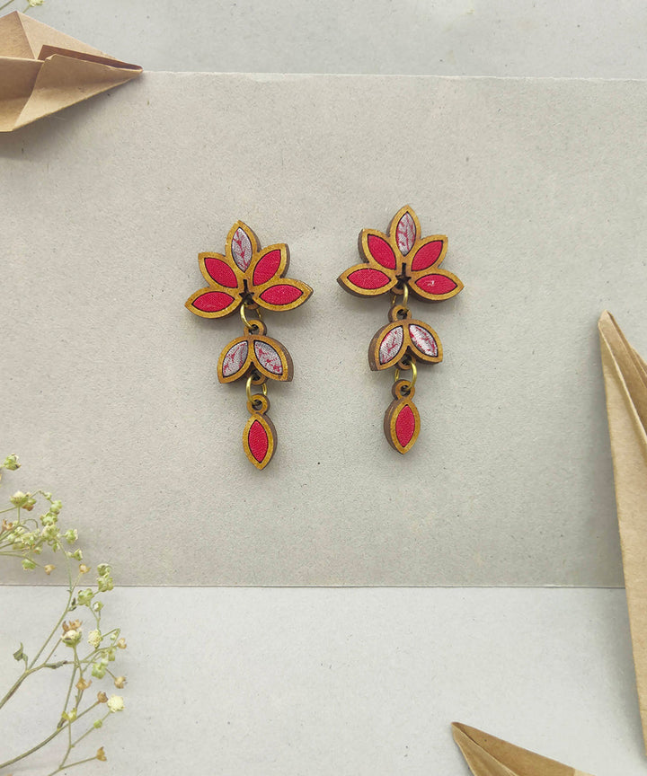 Handcrafted red grey leaf motif fabric and wood earring