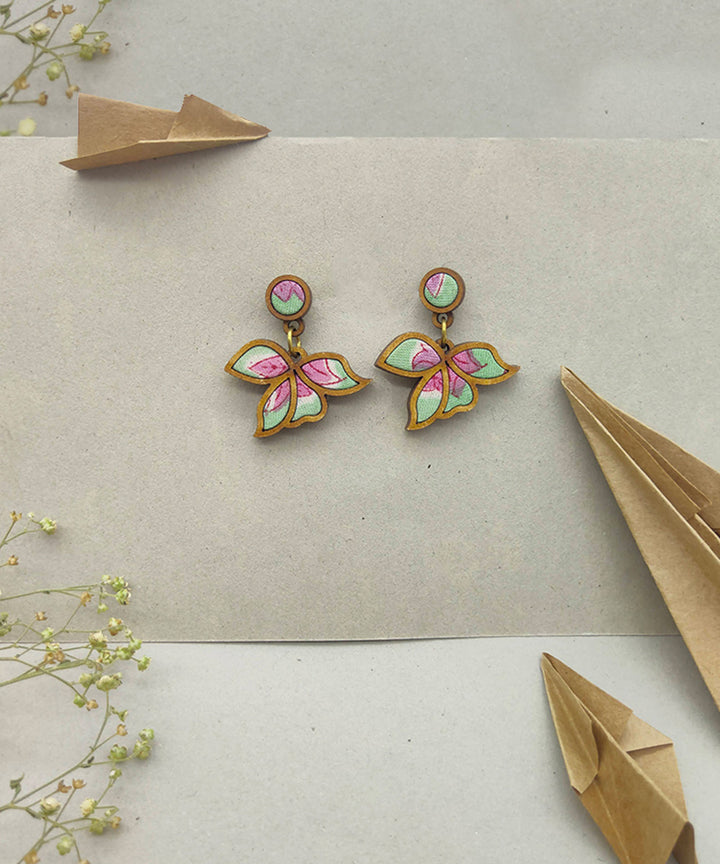 Handcrafted lavender green leaf motif fabric and wood earring