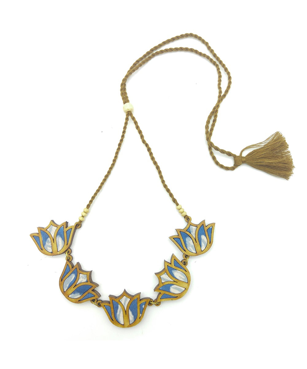 Handcrafted blue lotus motif fabric and wood necklace
