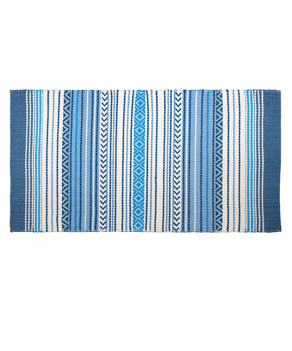 Blue white yarn dyed handwoven cotton rug