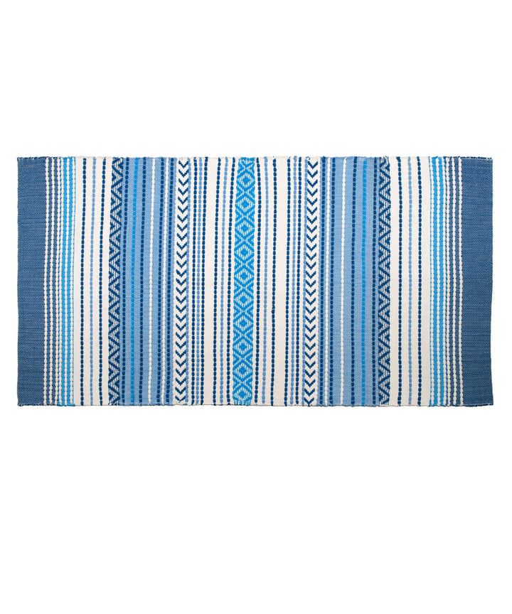 Blue white yarn dyed handwoven cotton rug