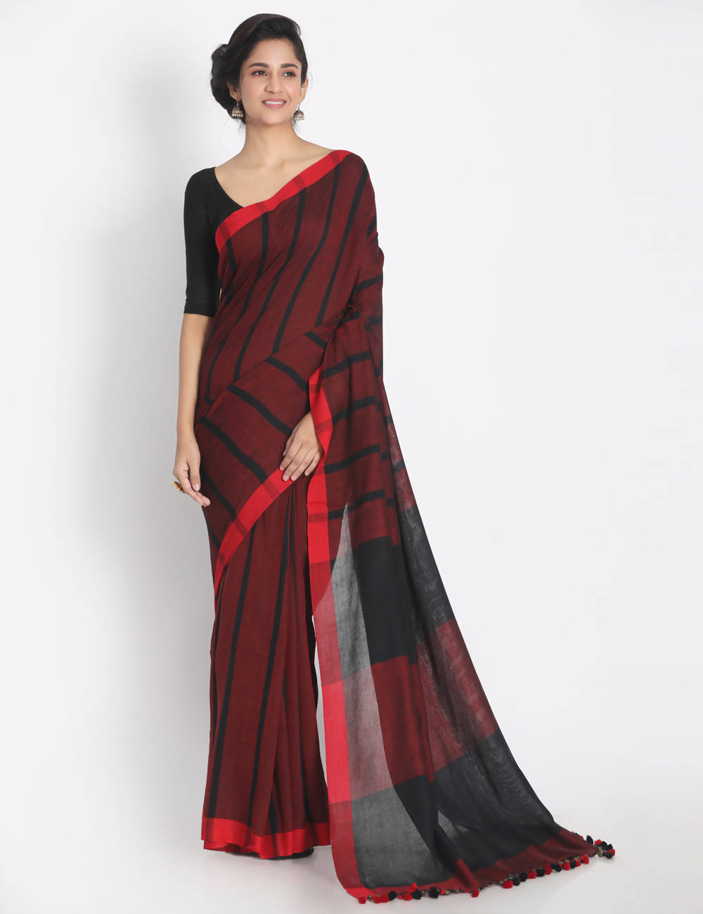 Black red check handspun handwoven cotton saree