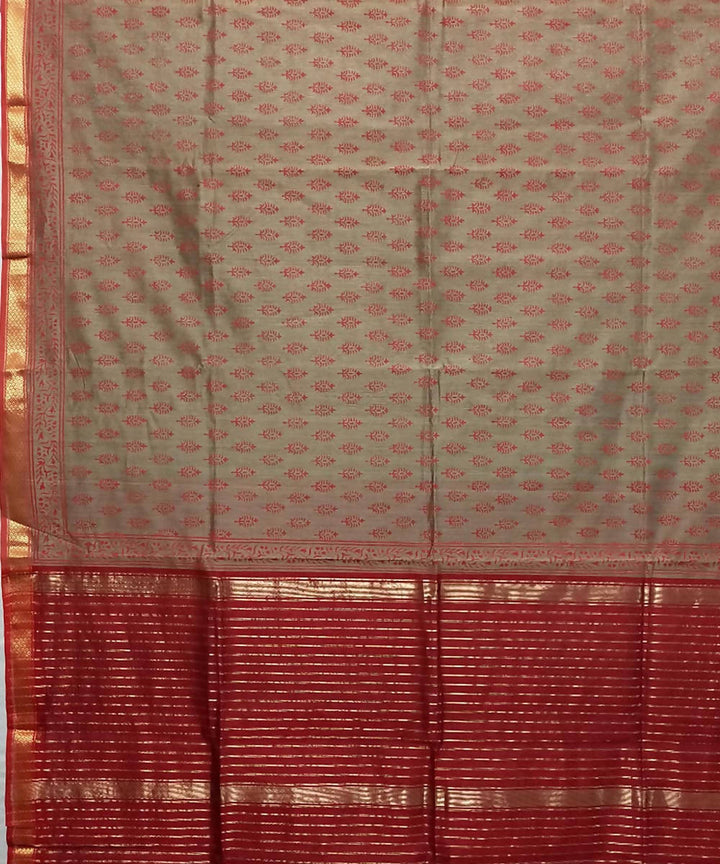 Dark beige red handwoven cotton silk maheshwari saree