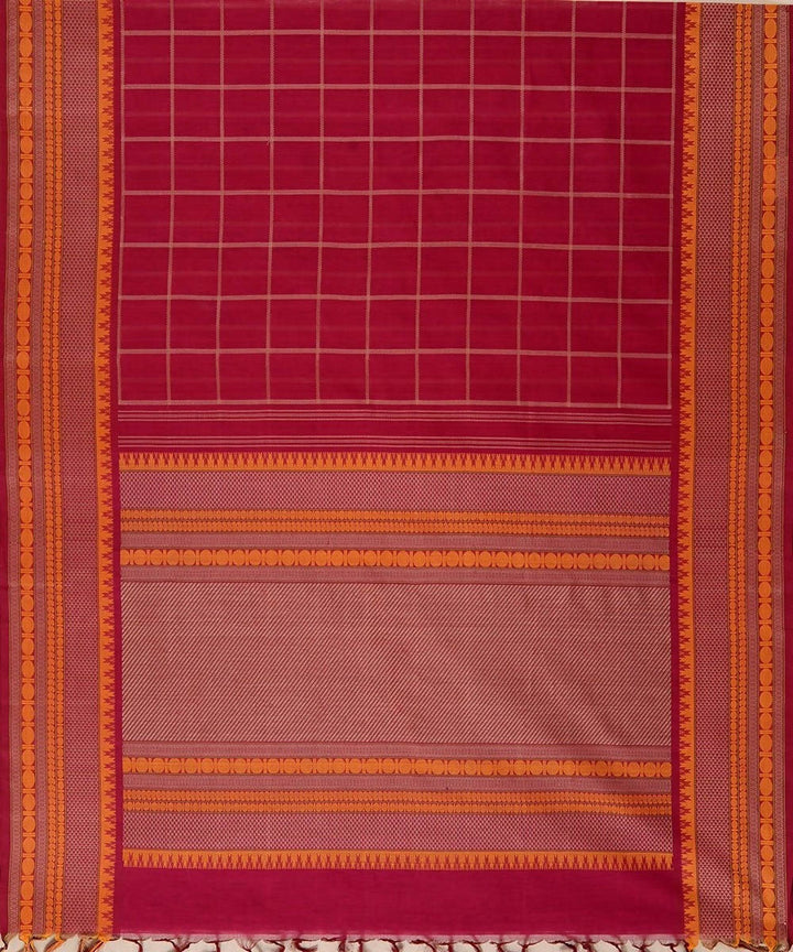 Dark red handloom kanchi cotton saree checks and broad lace border