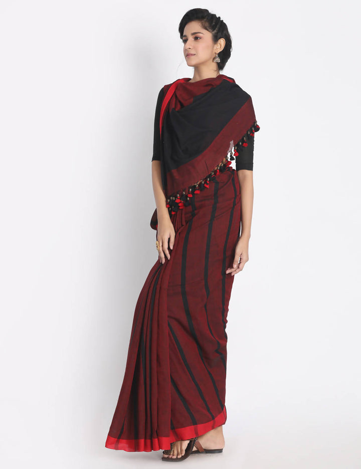 Black red check handspun handwoven cotton saree