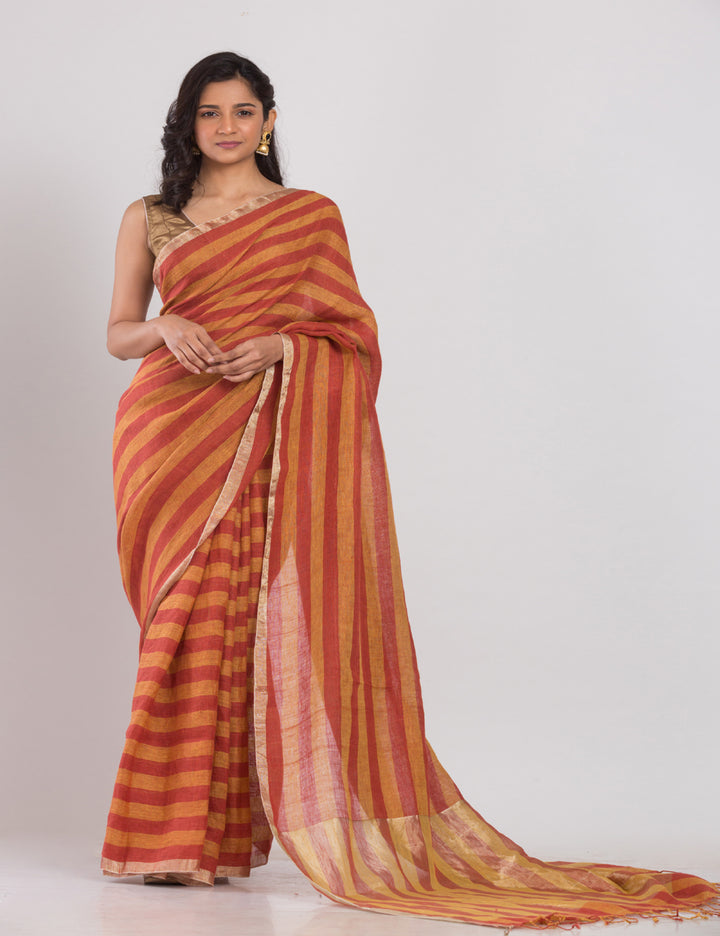 Orange and red stripes handwoven linen sari
