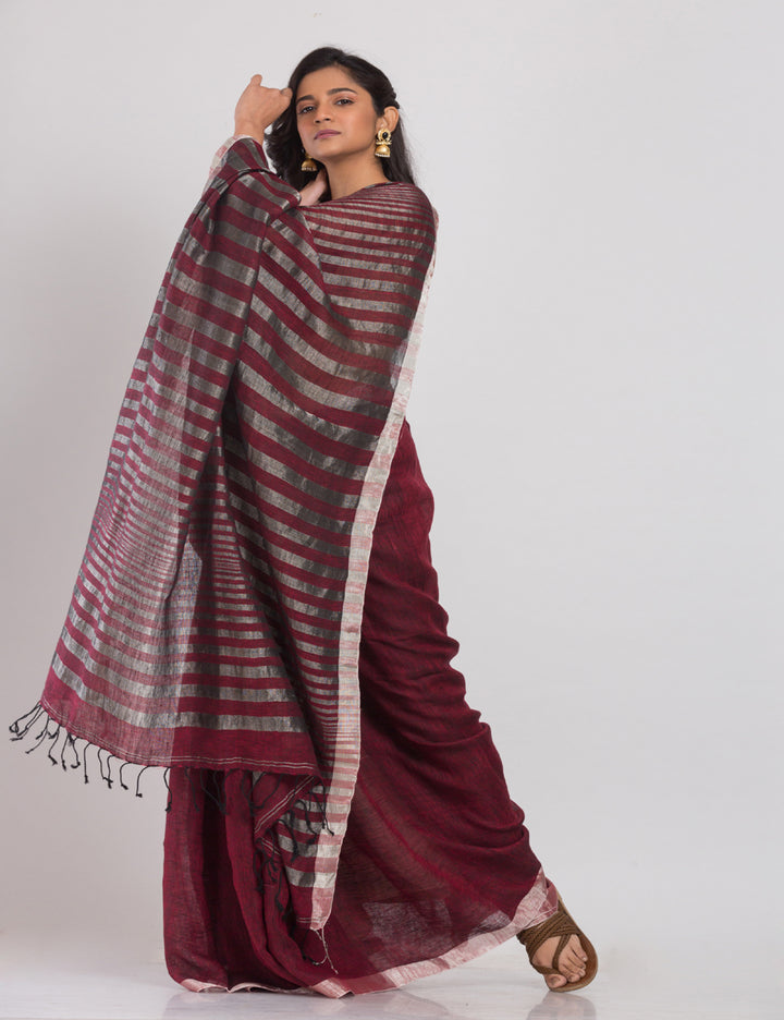 Maroon with silver sheen stripes handwoven linen sari