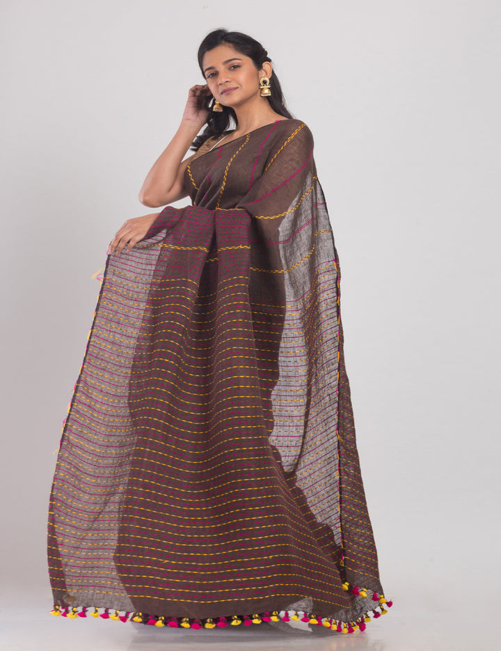Brown stripes handloom linen sari