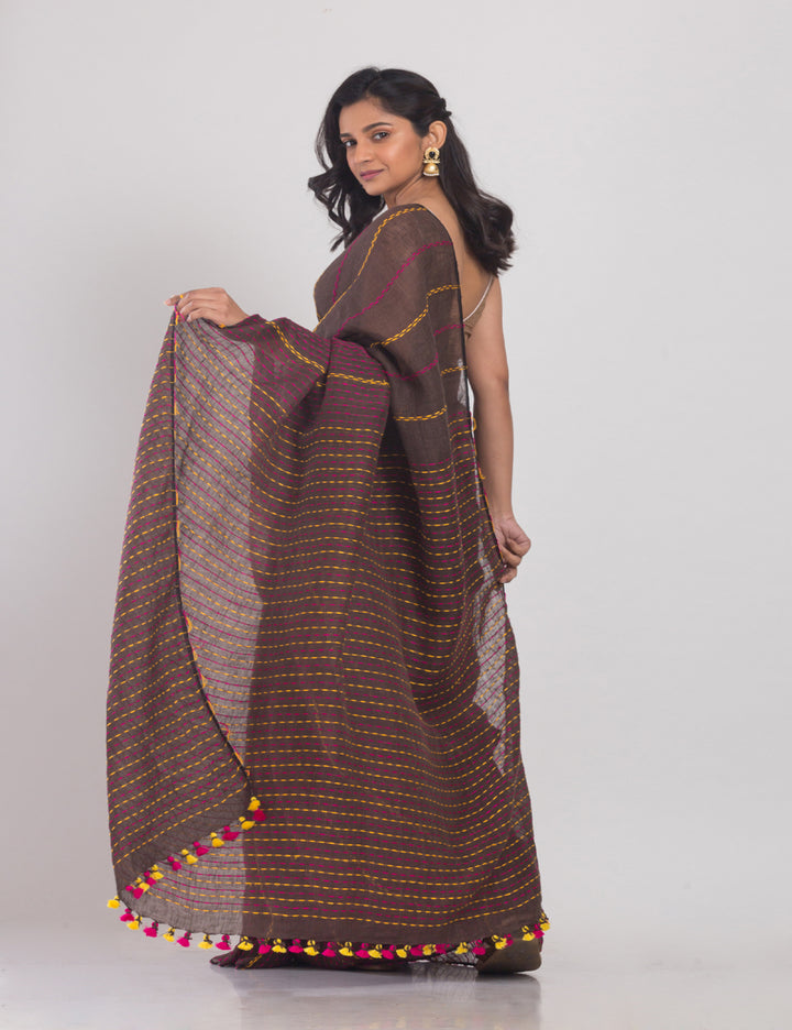 Brown stripes handloom linen sari
