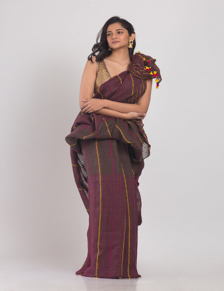 Brown stripes handloom linen sari
