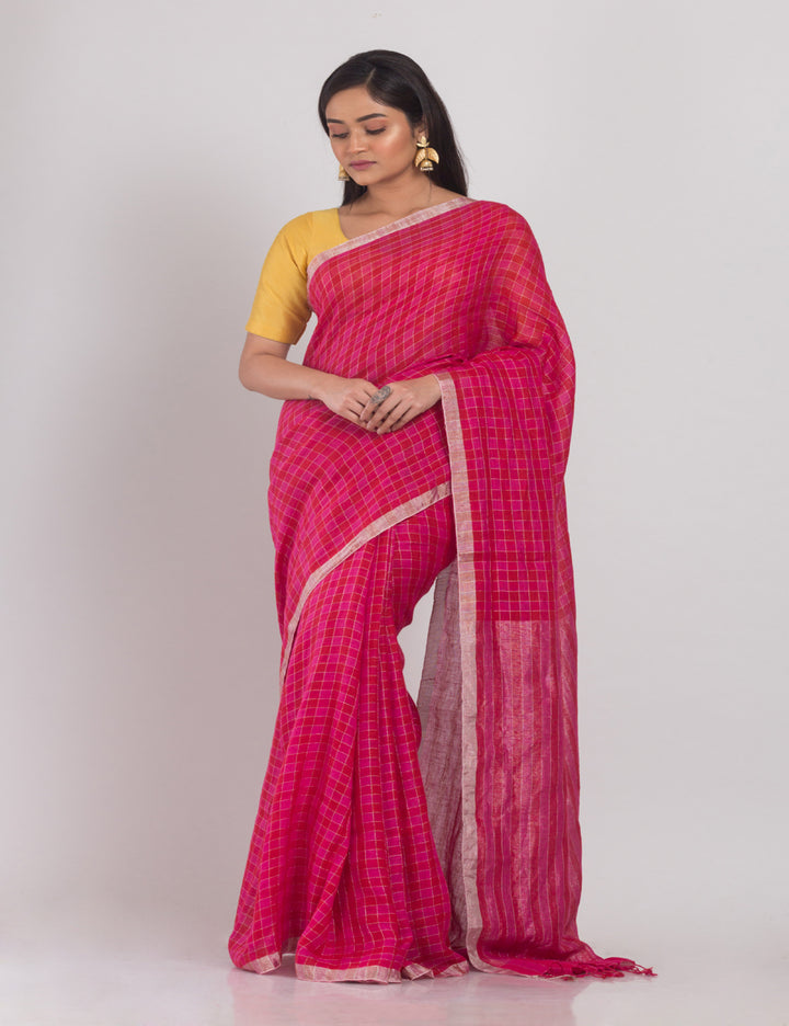 Pink handwoven linen sari