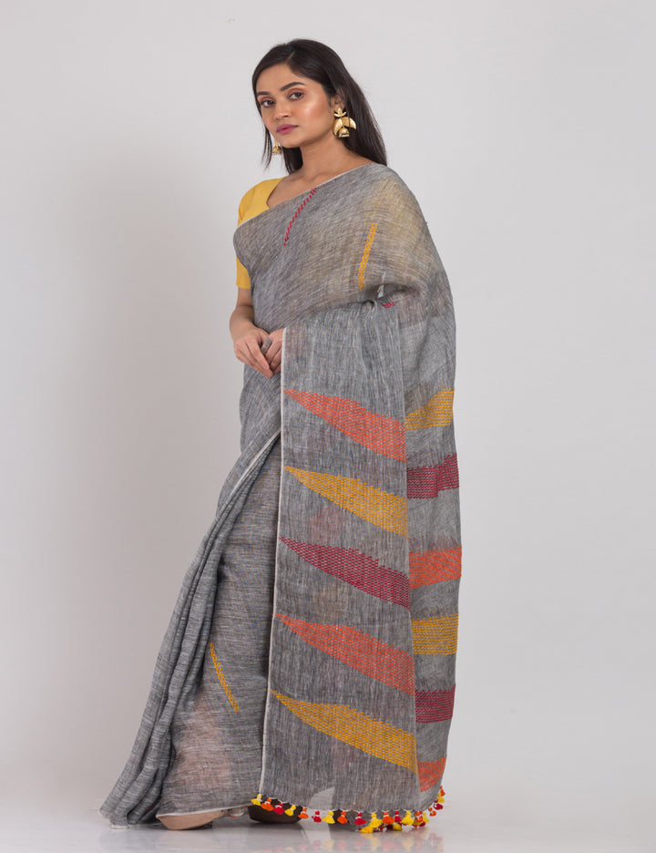 Grey with multicolor pallu handwoven linen sari