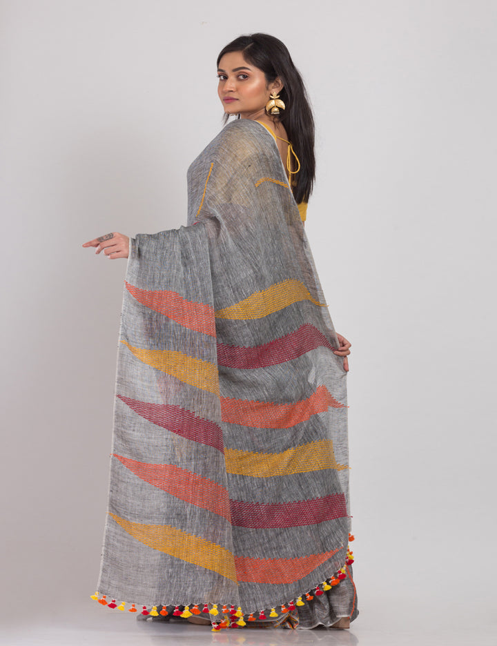 Grey with multicolor pallu handwoven linen sari