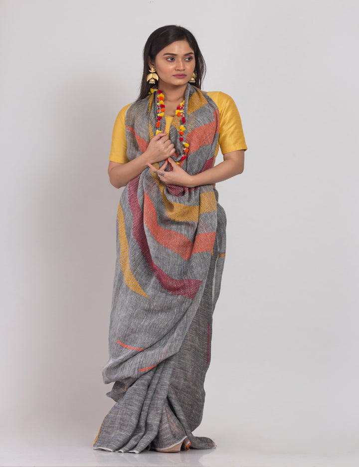 Grey with multicolor pallu handwoven linen sari