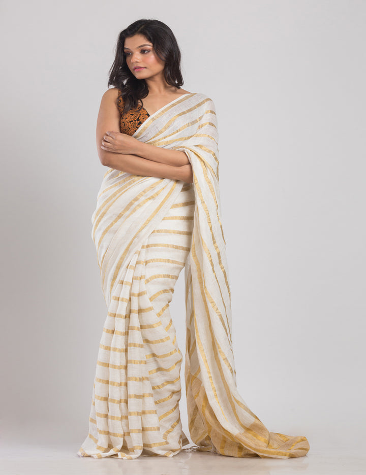 White with golden beige stripes handwoven linen sari