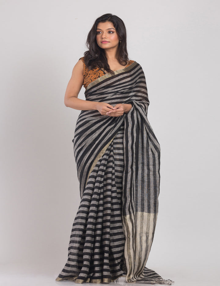 Beige black stripes handwoven linen sari