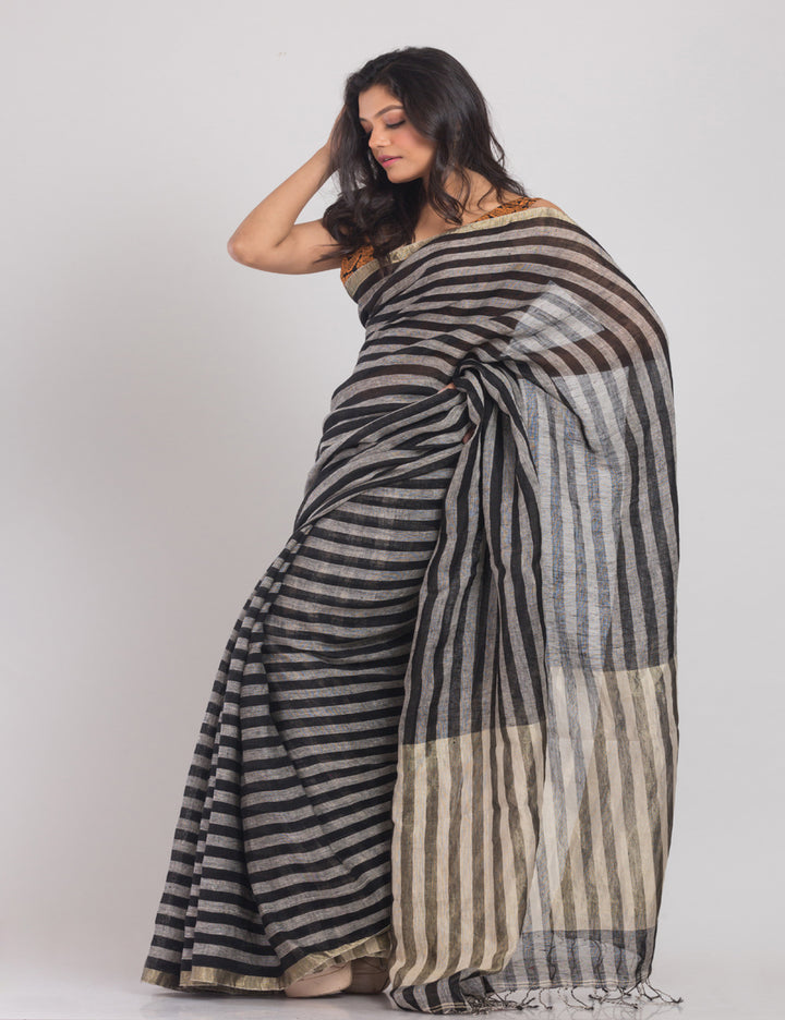Beige black stripes handwoven linen sari