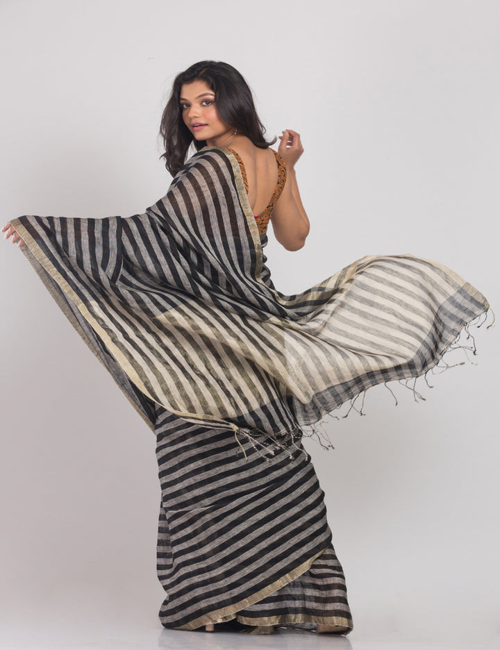 Beige black stripes handwoven linen sari