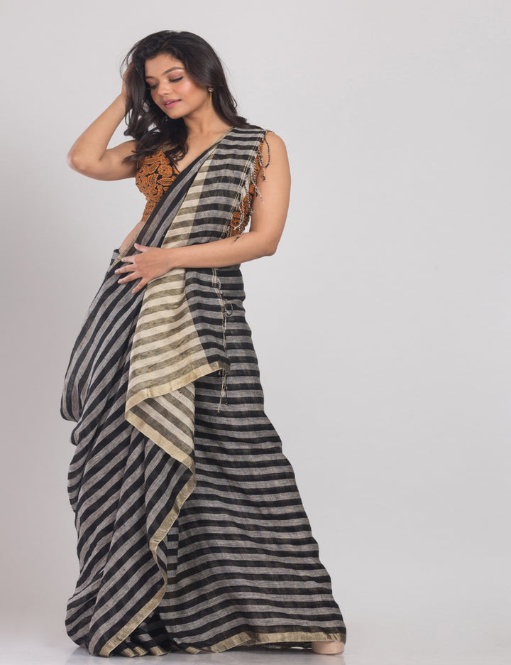Beige black stripes handwoven linen sari
