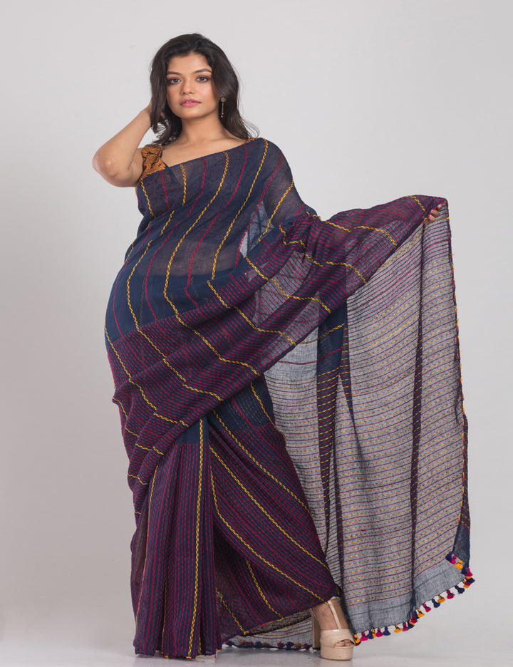 Navy blue handwoven linen sari