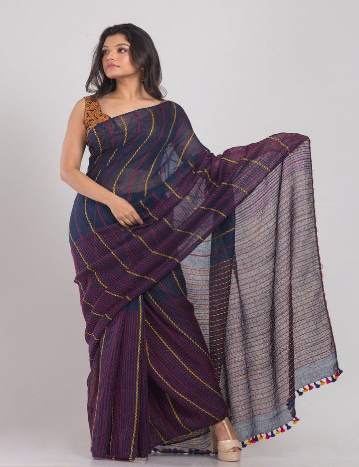 Navy blue handwoven linen sari