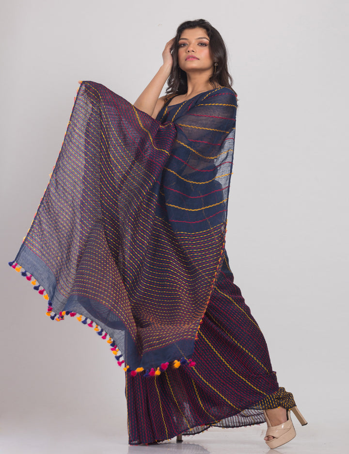 Navy blue handwoven linen sari