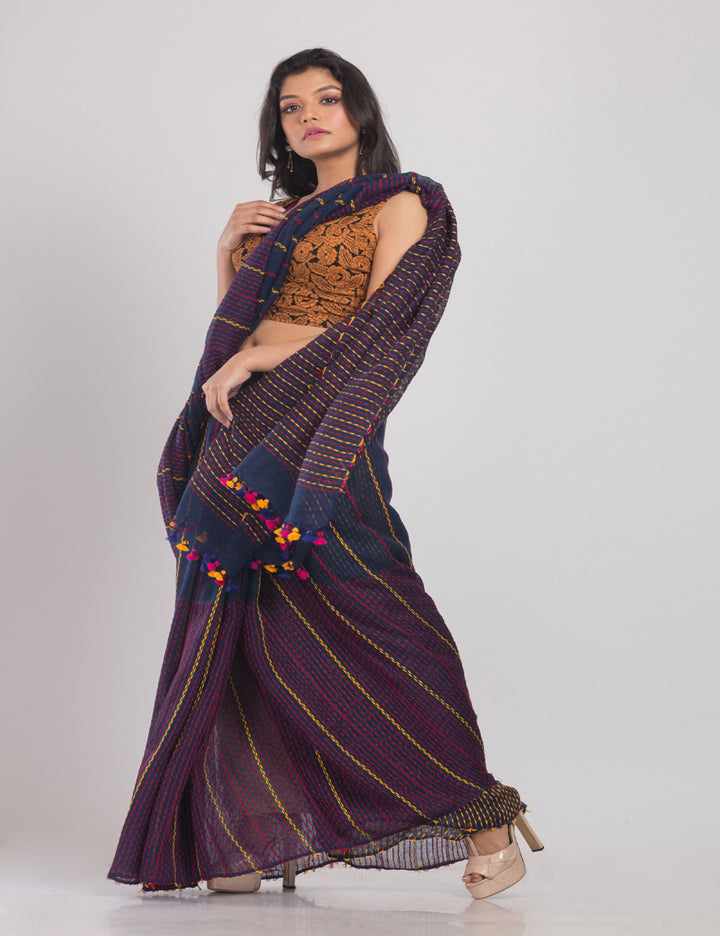 Navy blue handwoven linen sari