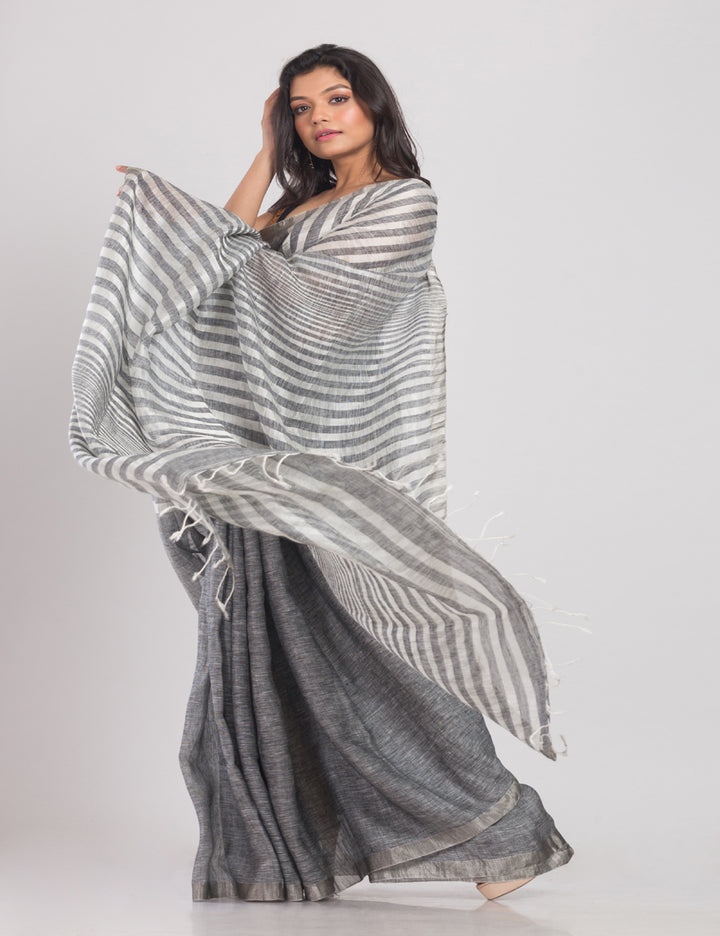 Grey white handwoven linen sari