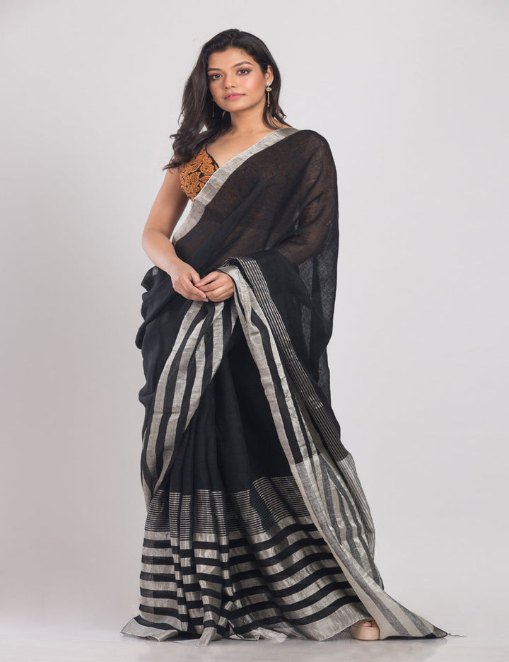 Black with silver shimmer border handwoven linen sari