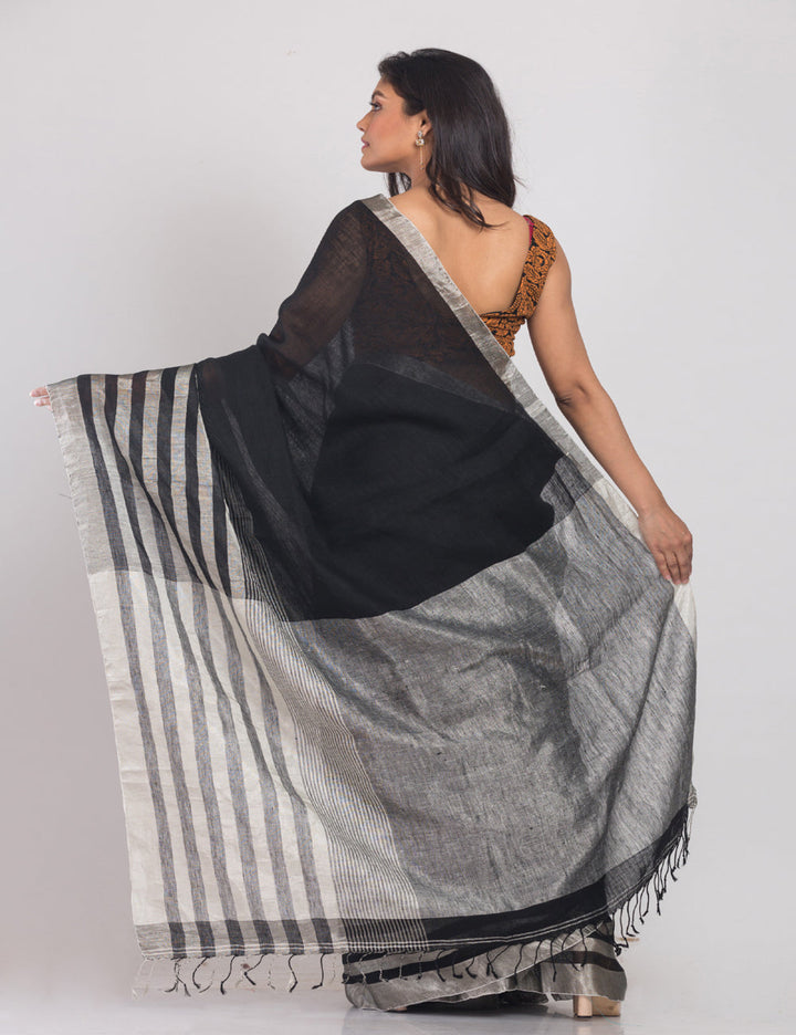 Black with silver shimmer border handwoven linen sari