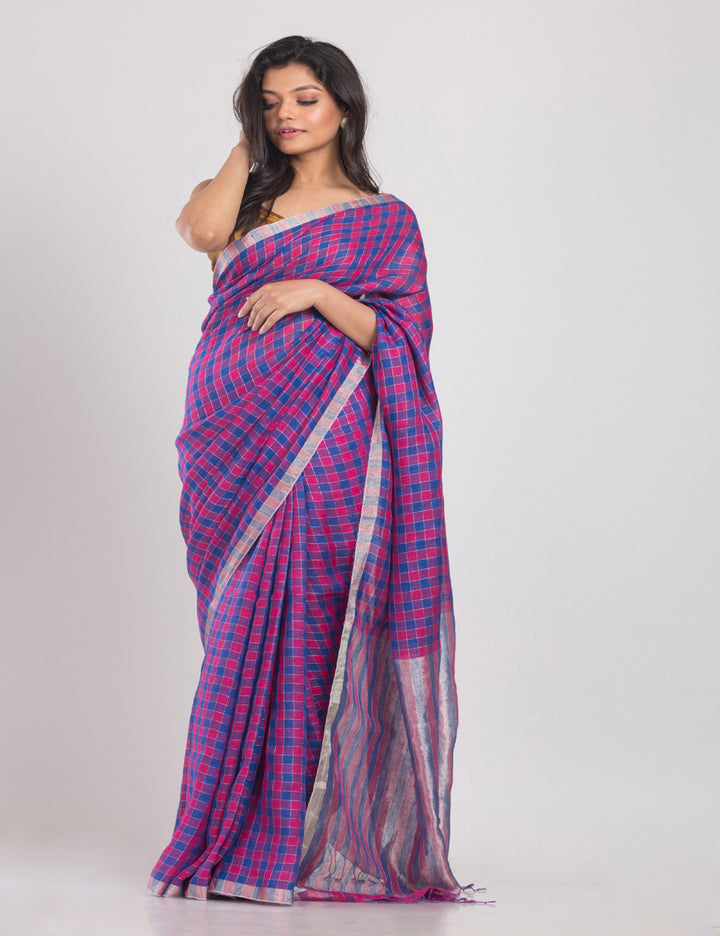Navy blue pink stripes handwoven linen sari
