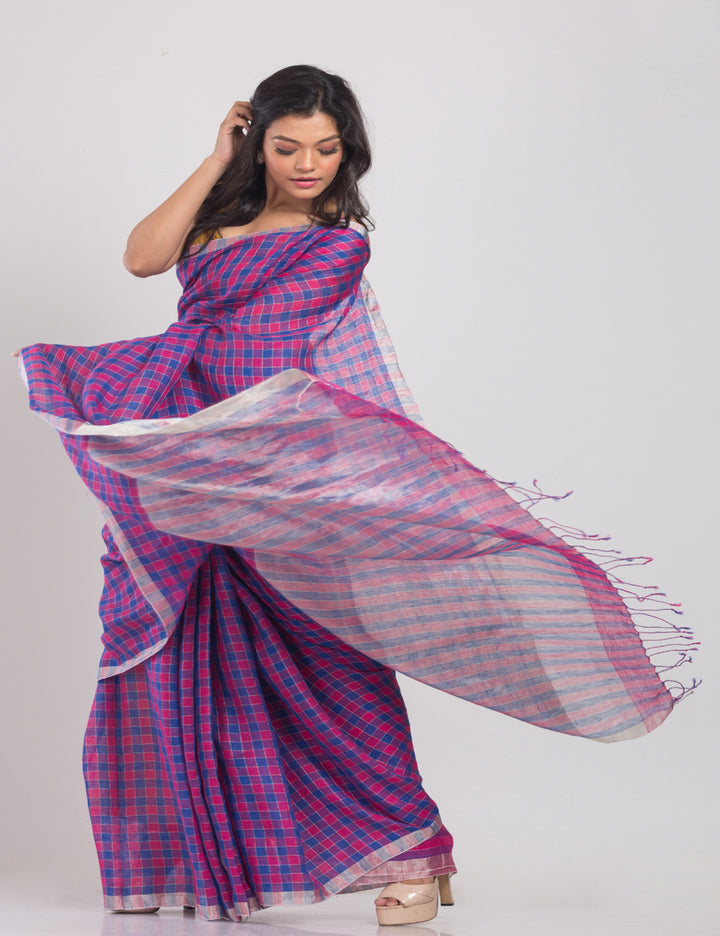 Navy blue pink stripes handwoven linen sari