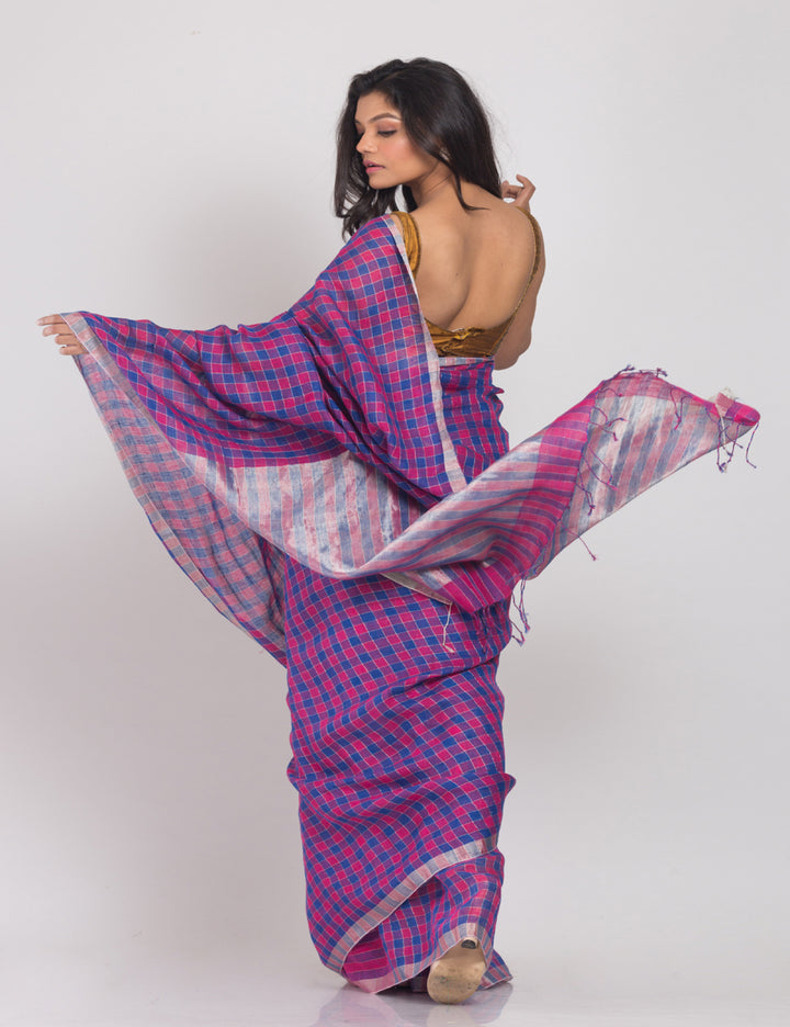 Navy blue pink stripes handwoven linen sari