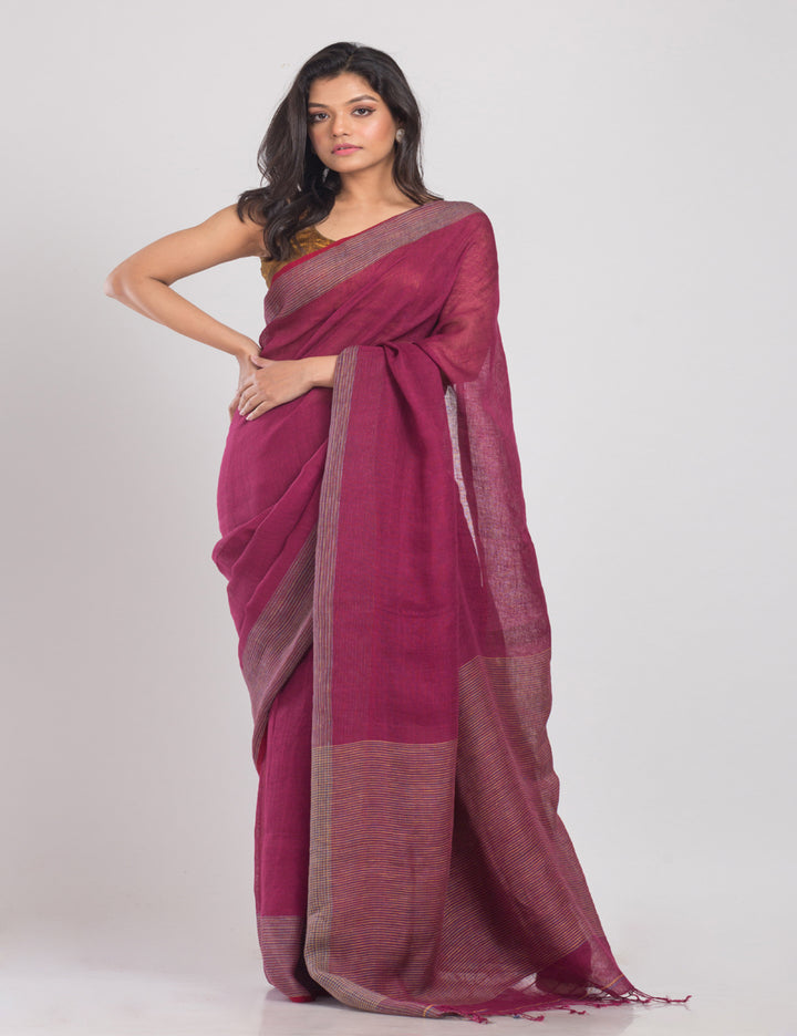 Rose maroon handwoven linen sari