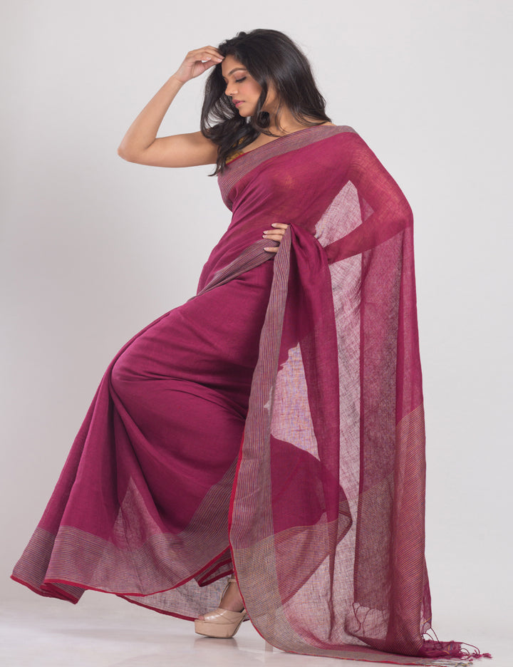 Rose maroon handwoven linen sari