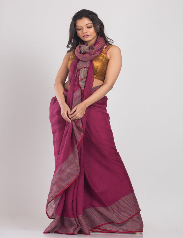 Rose maroon handwoven linen sari