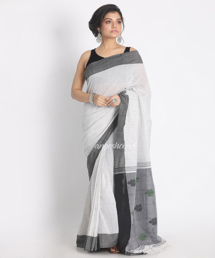 White Black Handwoven Cotton bengal Saree